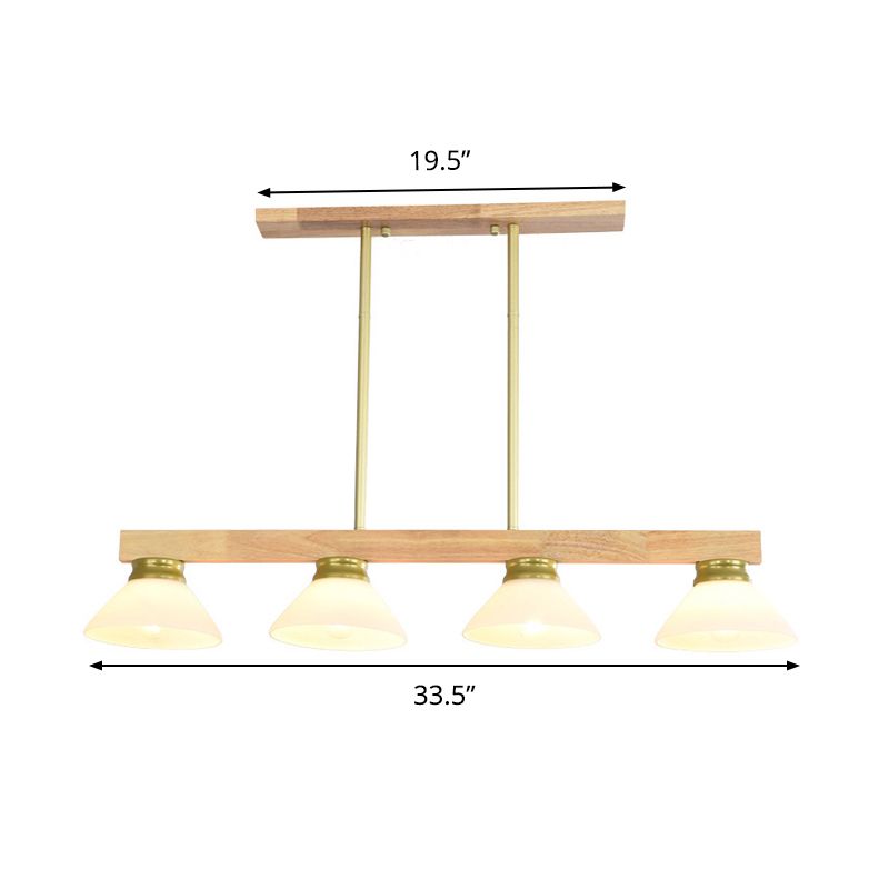 Nordic Linear Wood Hanging Light 4 Heads Island Ceiling Light in Gold/Black Finish with Cone Opal Glass Shade
