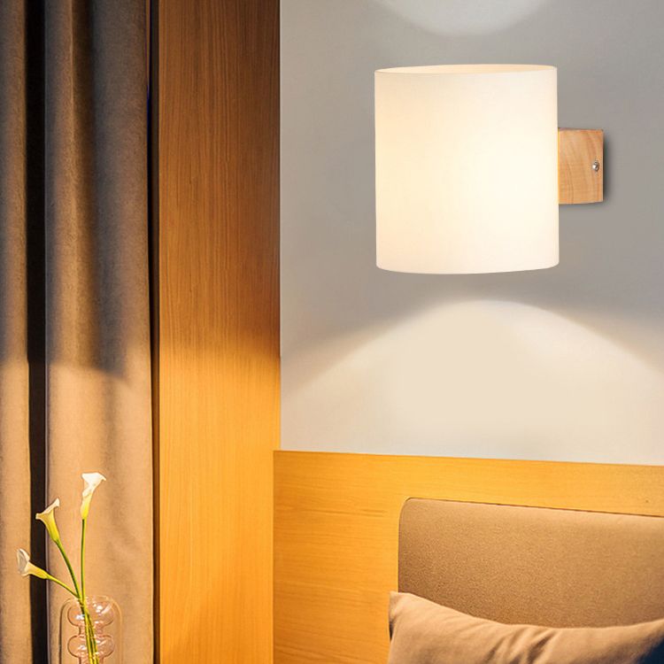 Wooden Cylindrical Wall Lamp in Modern Concise Style White Glass Wall Sconce for Interior Spaces