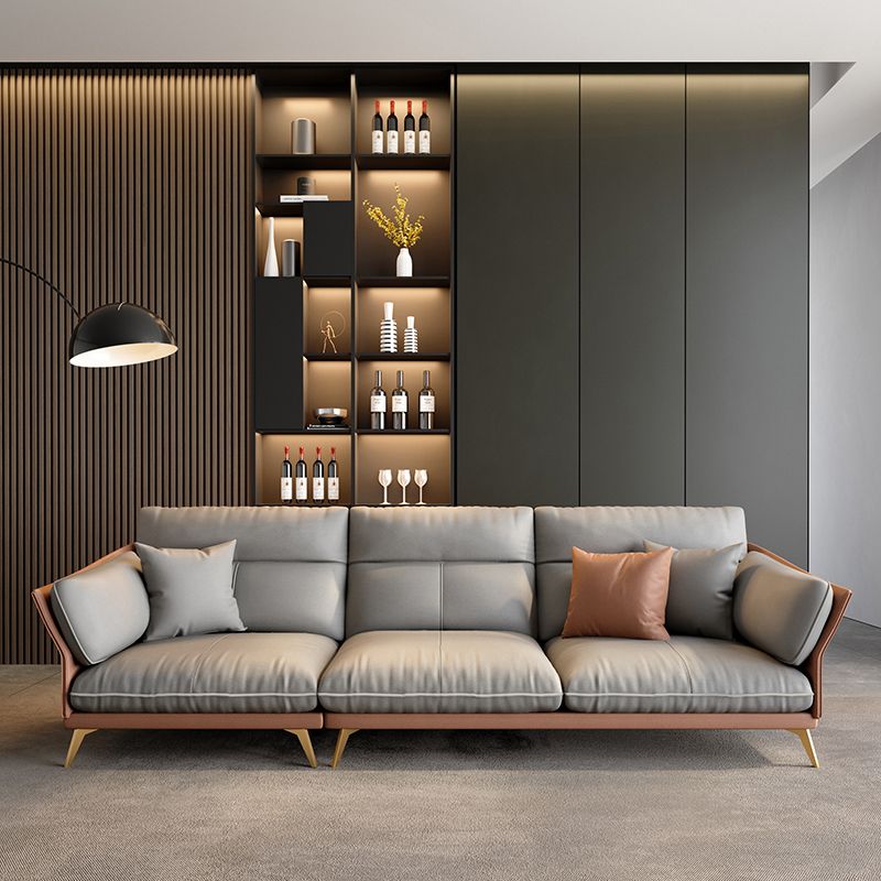 Light-grey Sewn Pillow Back Faux Leather Pillow Top Arm Sofa for Living Room