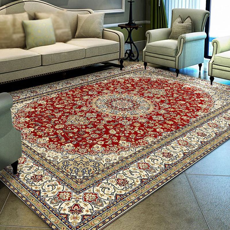 Red Bohemian Rug Polyester Graphic Rug Washable Rug for Living Room