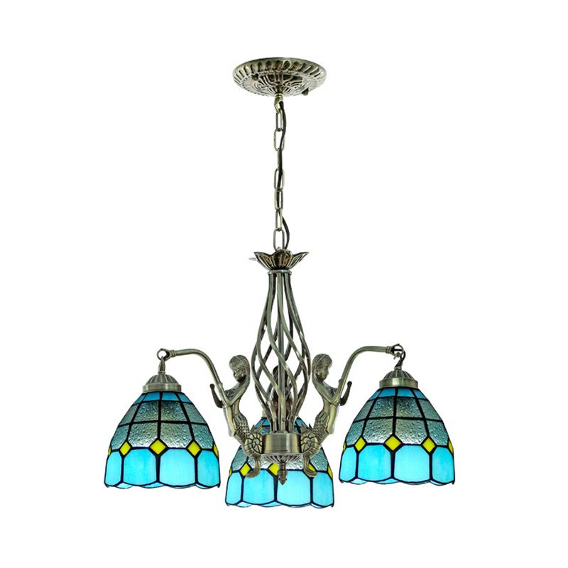Dome Hand geschnittenes Glas Kronleuchter Beleuchtung Tiffany 3 Lichter Blaue Deckenlampe