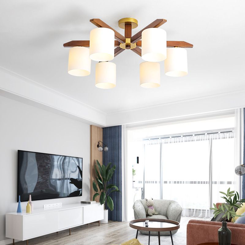 Abat-jour cylindrique en verre crème, éclairage semi-monté, luminaire Beige Simple avec auvent en bois