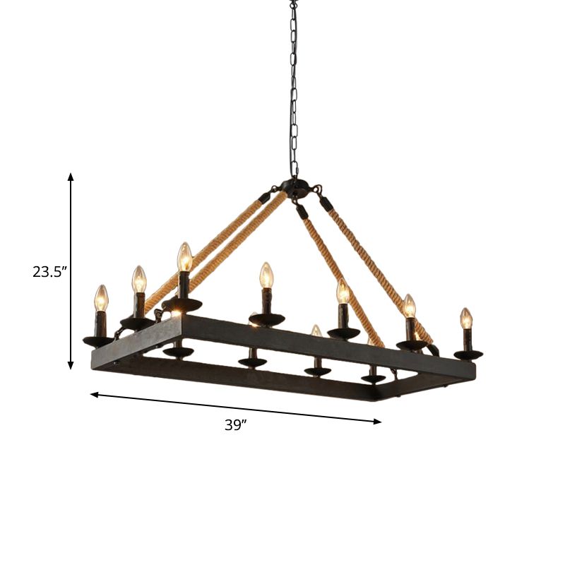 10 têtes corde suspendue îlot léger industriel rectangle lampe suspendue en métal en noir avec conception de bougies