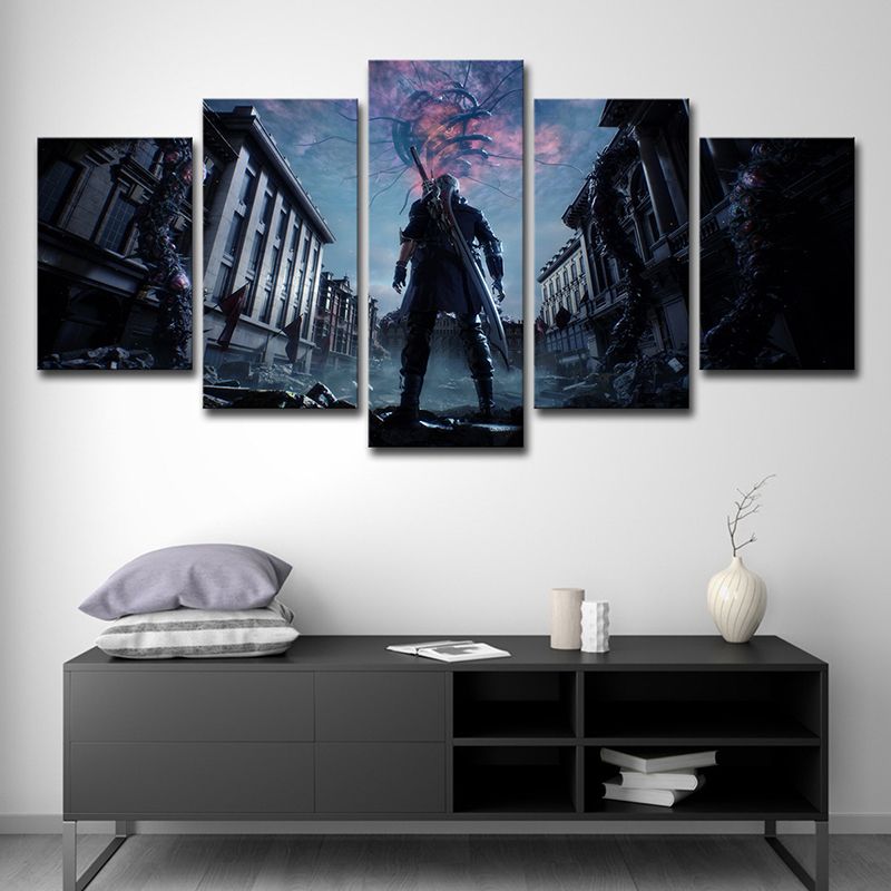 Canvas Multi-Piece Wall Decor Kids Devil May Cry Video Game Scene Art Print in Dark Blue