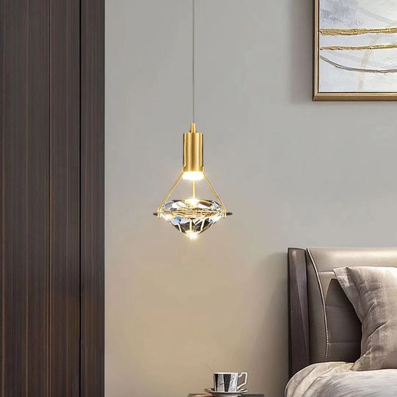 Brass Crystal LED Pendant Light in Modern Luxury Style Copper Geometric Hanging Lamp for Bedroom