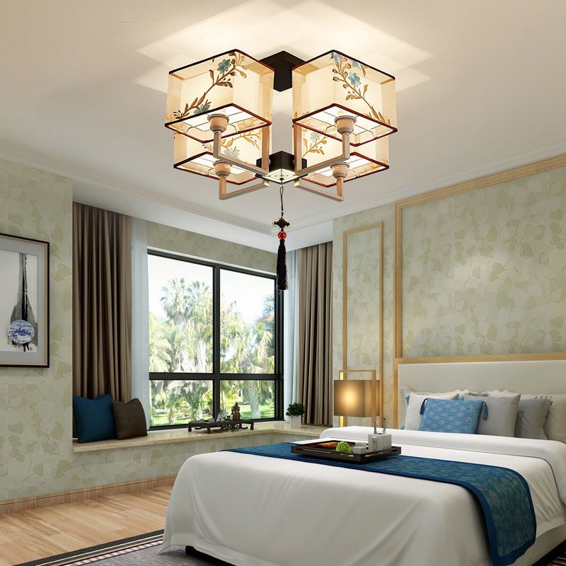 Braune Halbflush -Mount -Lampe Traditioneller Stil Schmiedeeisen Deckenleuchte mit quadratischem Stoff Schatten