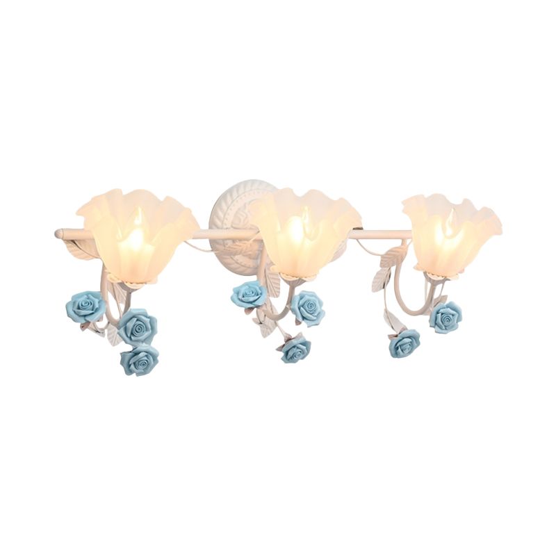 Ruffle Bathroom Wall Mount Light American Flower Frosted Glass 2/3-Head Pink/Blue Vanity Sconce