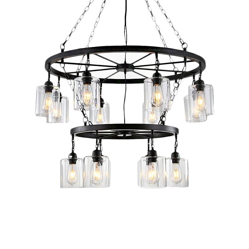 14 Lights Ceiling Light Traditional Two-Tiers Clear Glass Hanging Chandelier in Black with Cylinder Shade