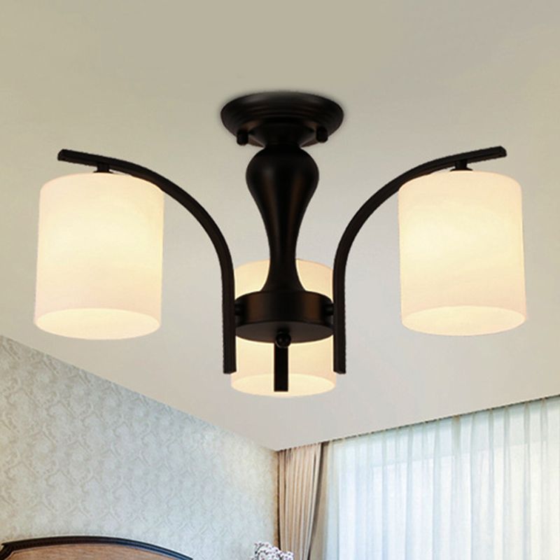 3/5/6 Lights Semi Flush Mount Traditional Cylinder Frosted Glass Ceiling Light in Black for Bedroom