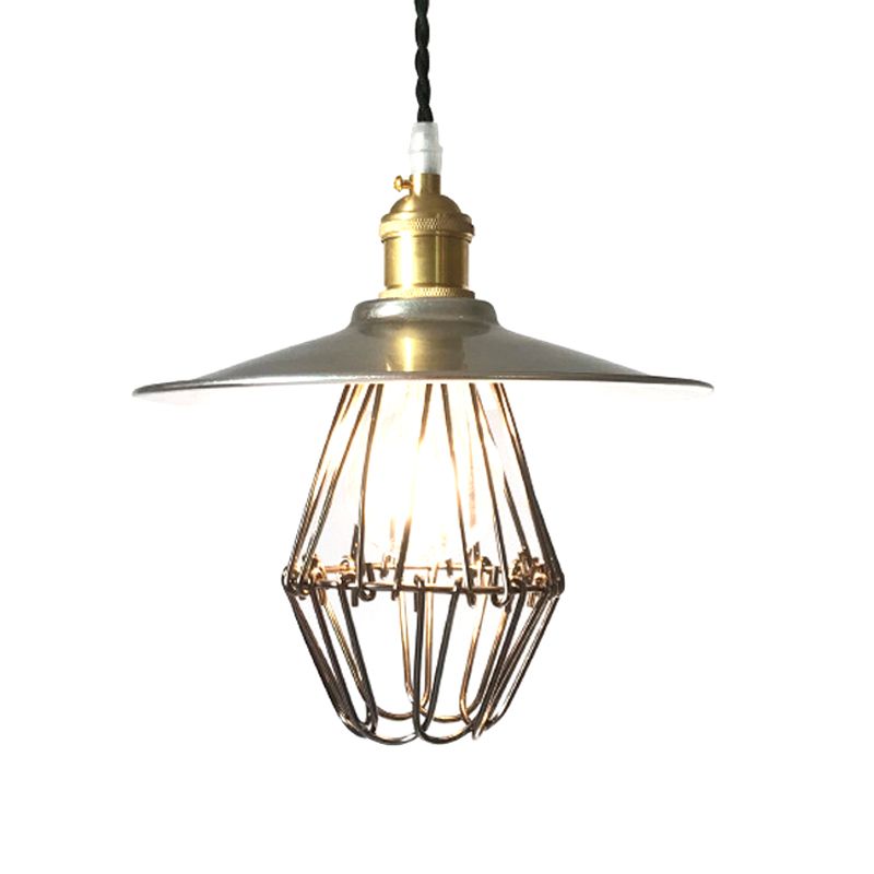 Industrial Saucer-Like Drop Pendant Single Light Metal Caged Design Hanging Ceiling Lamp in Nickel, 9"/14" Width