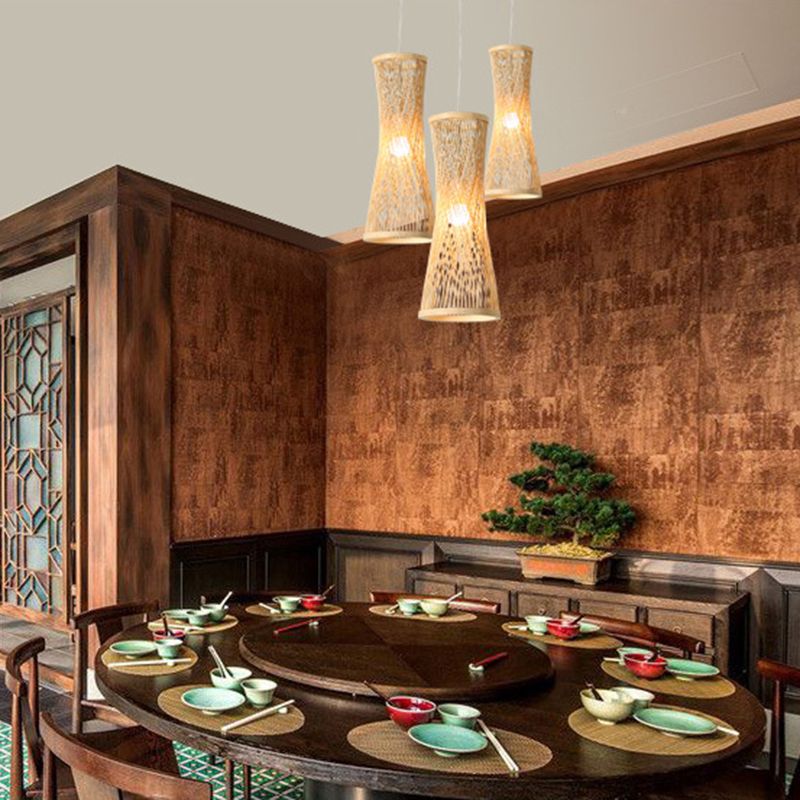 Iluminación colgante curvada Asia Bambú 1 Luz de beige ligero lámpara colgante para comedor