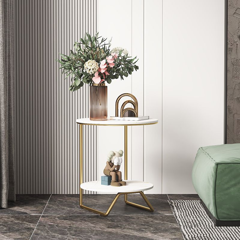Modern Metal C Side Table Round Slate Side End Table with Shelf