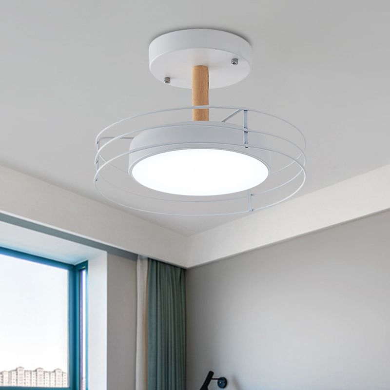 Round Semi Flush Mount Lighting Nordic Iron Black/White/Gold LED Ceiling Fixture with Wire Cage
