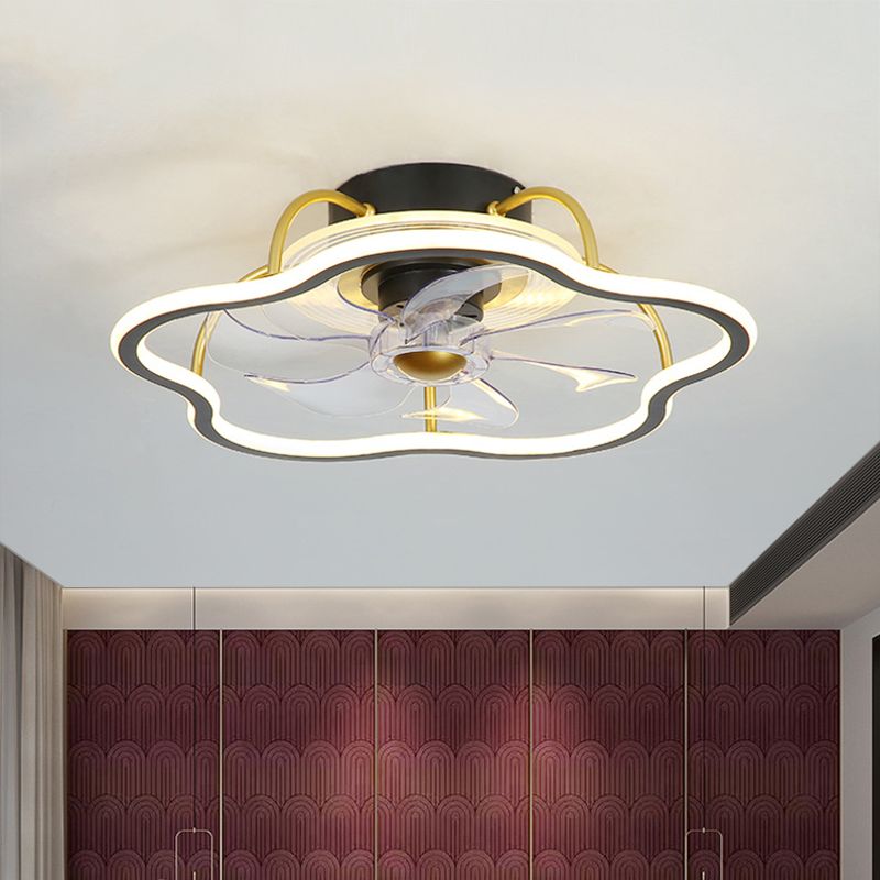 7-blade zwart/gouden bloemvorm semi-spoel kroonluchter verlichting eenvoudige metalen led hangersventilator, 18,5 inch breed