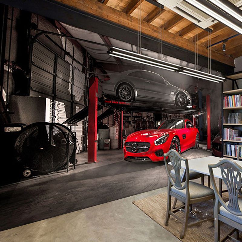 Red Car and Factory Wall Mural Stain-Resistant Wall Art for Car Shop
