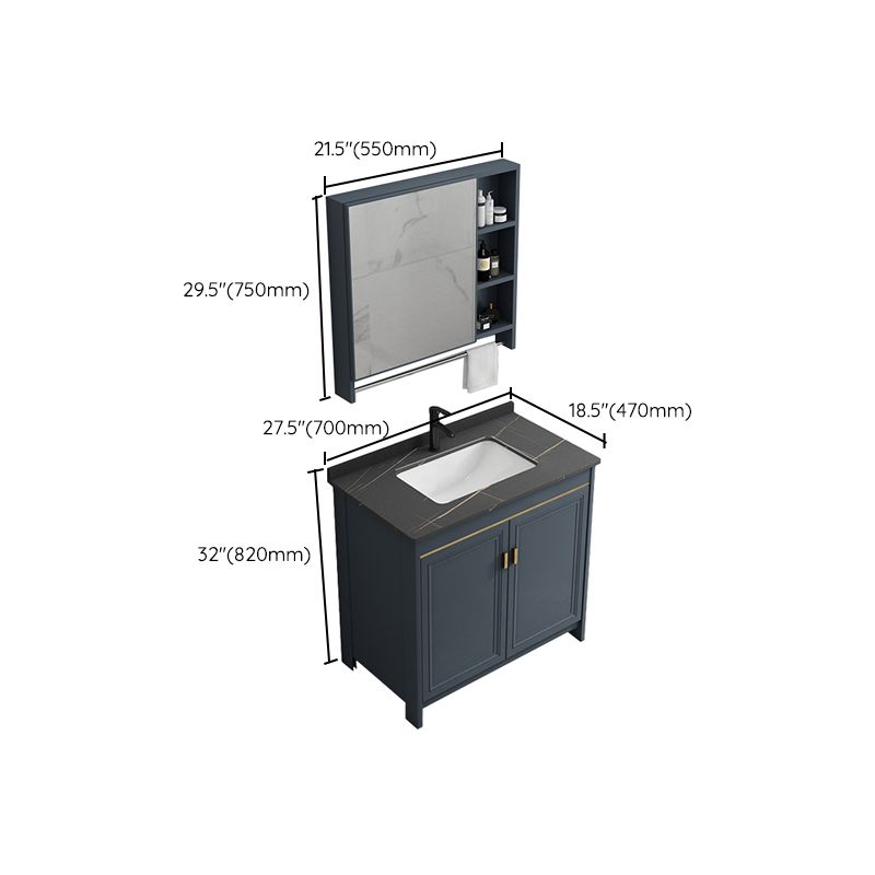 Blue Bathroom Vanity Metal Frame Single Sink Rectangle Mirror Bath Vanity with 2 Doors