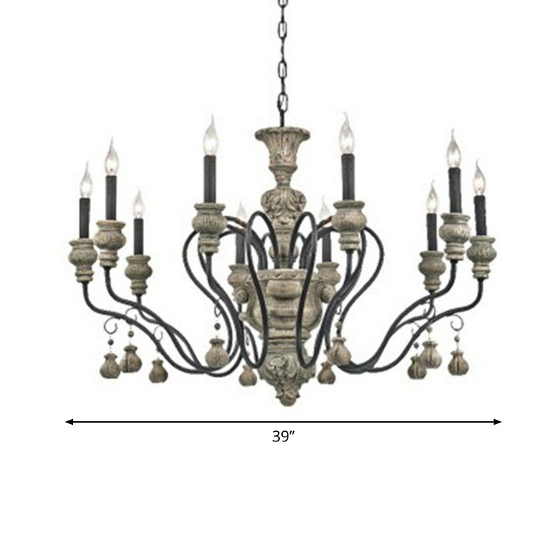 Resin Candlestick Chandelier French Country Dining Room Hanging Lamp in Black-Grey