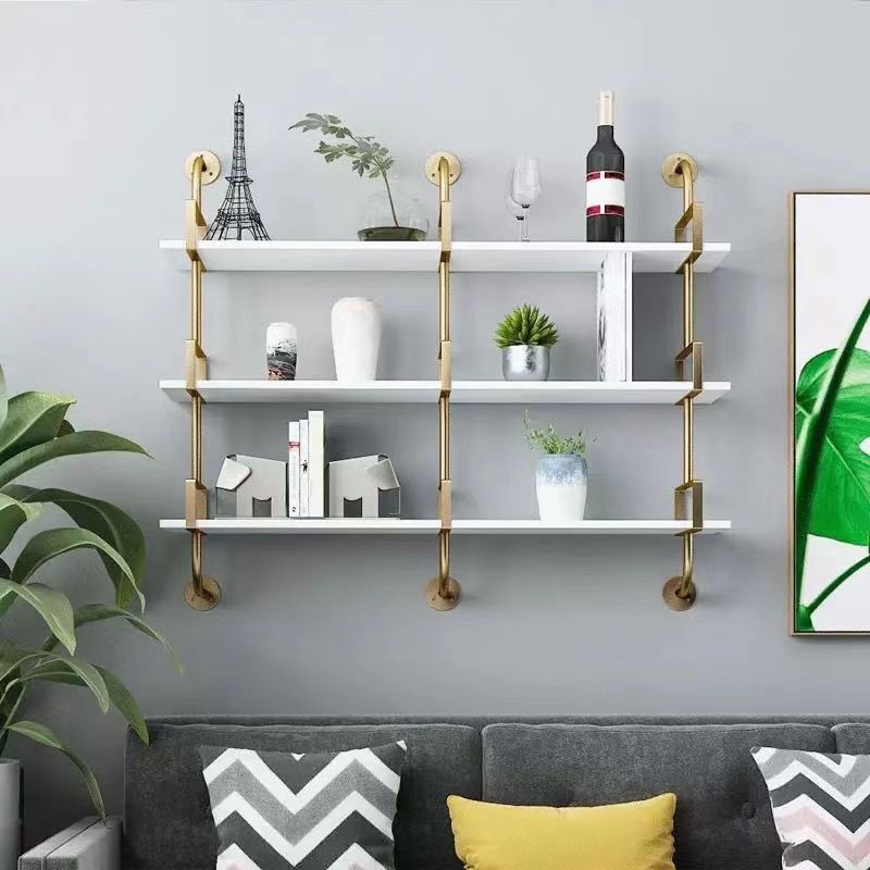 Metal and Wooden Shelf Bookcase Open Wall Mounted Gold Bookshelf for Home
