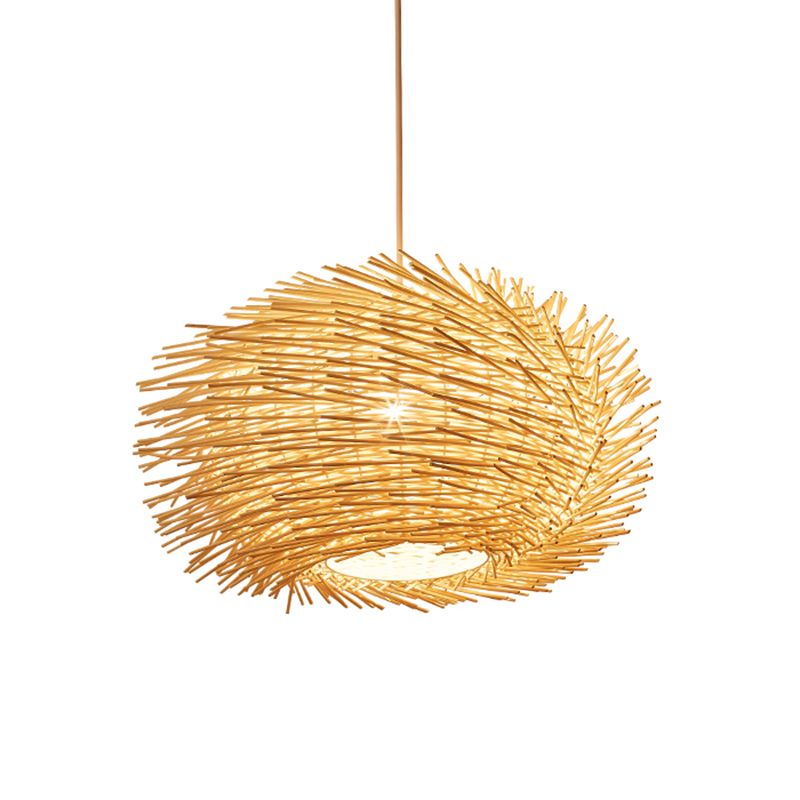Lantern Bamboo Hanging Lamp Asian 1 Head Beige Pendant Light Fixture for Dining Room