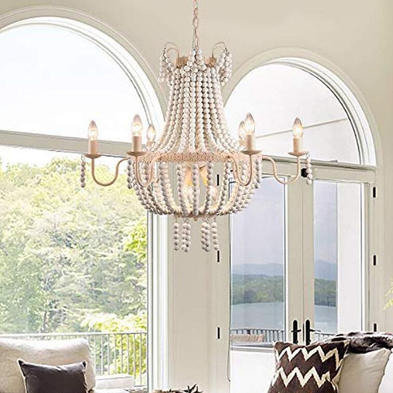 Distressed White Beaded Chandelier Country Style Wooden Living Room Pendant Light