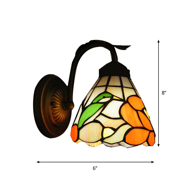 Rustic Tiffany Blossom Wall Light with Bird Stained Glass 1 Head Orange Wall Lamp for Dining Room