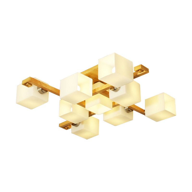 Cube Shade Living Room Ceiling Lamp Opal Glass & Wood Modern LED Flush Ceiling Light in Beige