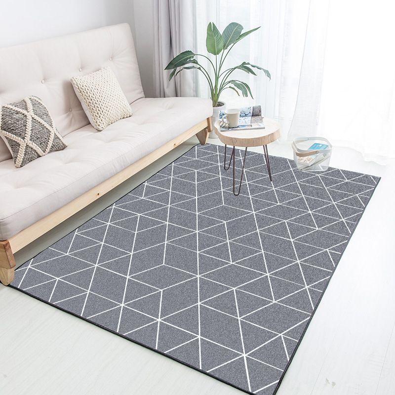 Grey Contrast Stitching Geometric Rug Polyester Modern Indoor Rug Machine Washable Stain Resistant Non-Slip Rug for Bedroom