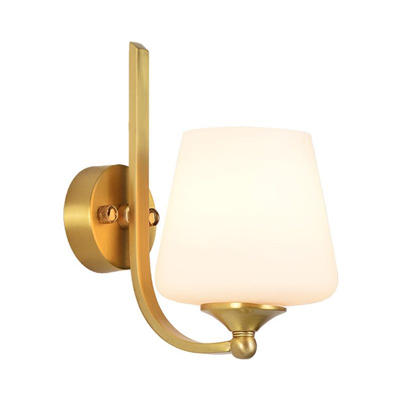 1 Bulb Sconce Lighting with Tapered Shade Milk Glass Modern Stylish Bedroom Wall Lamp in Brass