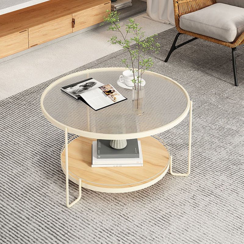 Glass Round Coffee Table 3 Legs Base Type Cocktail Table with Storage