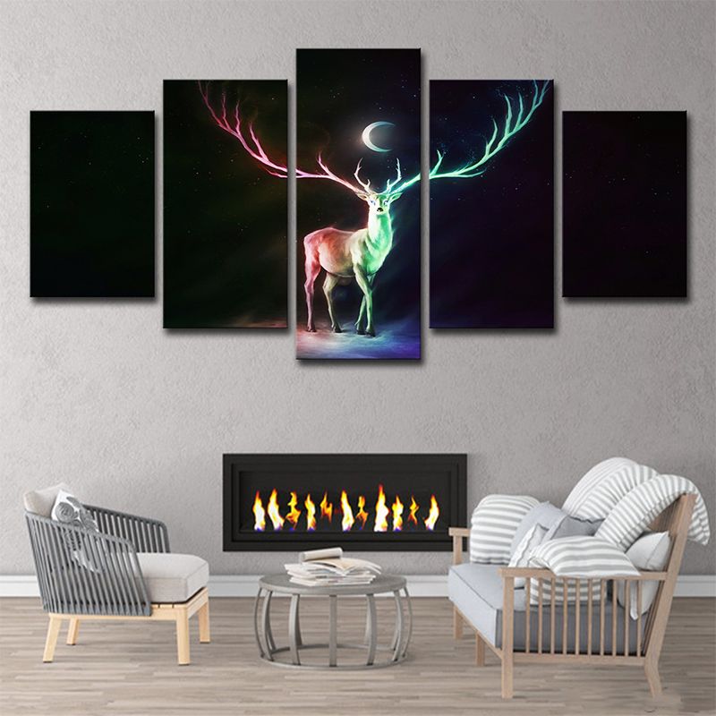 Cartoon Elk and Crescent Canvas Print Green Child Bedroom Wall Art Decor, Multi-Piece