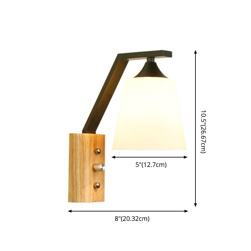 Wooden Cone Wall Lamp in Modern Concise Style Wrought Iron Wall Sconce with White Glass Shade
