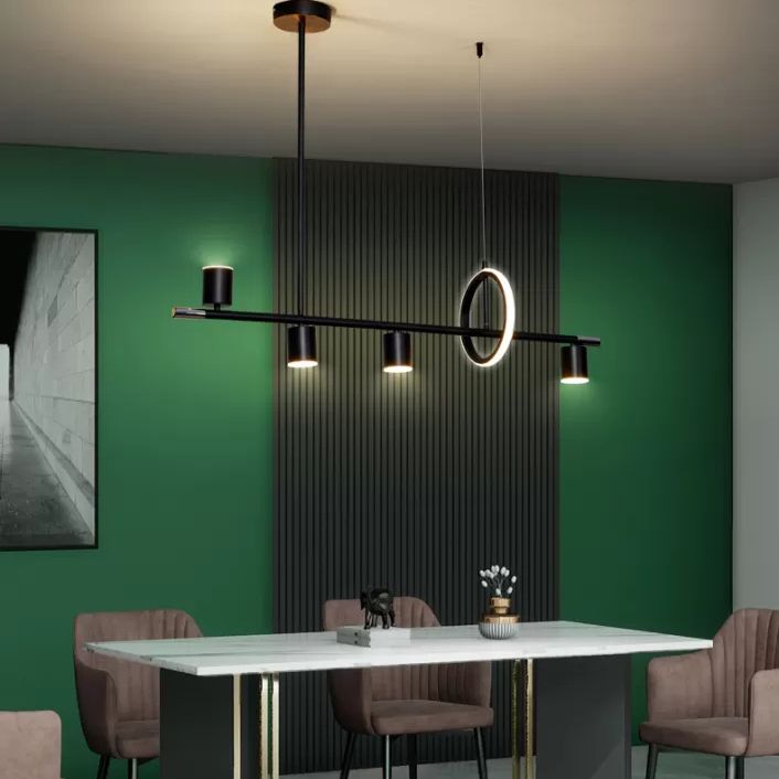Cylinder and Ring Island Lamp Modern Metal 6-Light Restaurant Pendant Light in Black