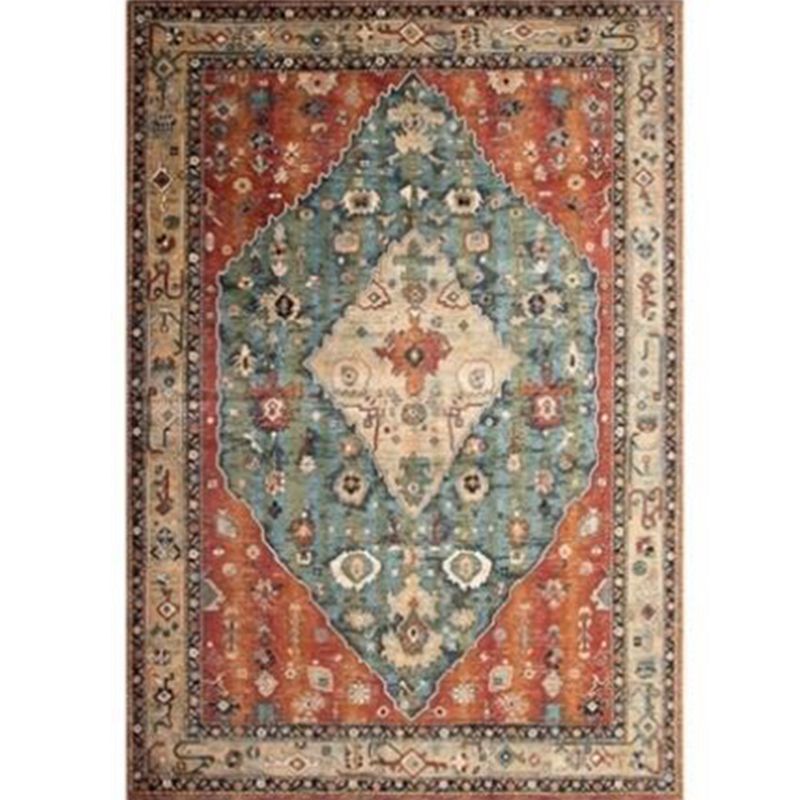 Red Tone Vintage Area Rug Polyester Medallion Print Rug Non-Slip Backing Indoor Rug for Living Room