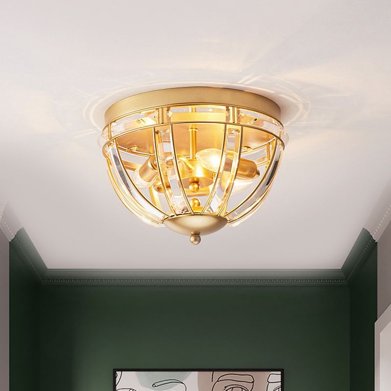 Dome Corridor Ceiling Fixture Rectangle-Cut Crystal 3 Bulbs Simplicity Flush Mount Light in Black/Gold