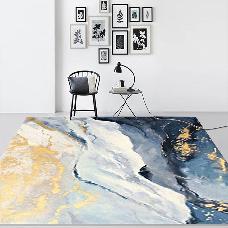Blue and Gold Bedroom Rug Modern Abstract Cloud Pattern Area Rug Polyester Anti-Slip Washable Carpet