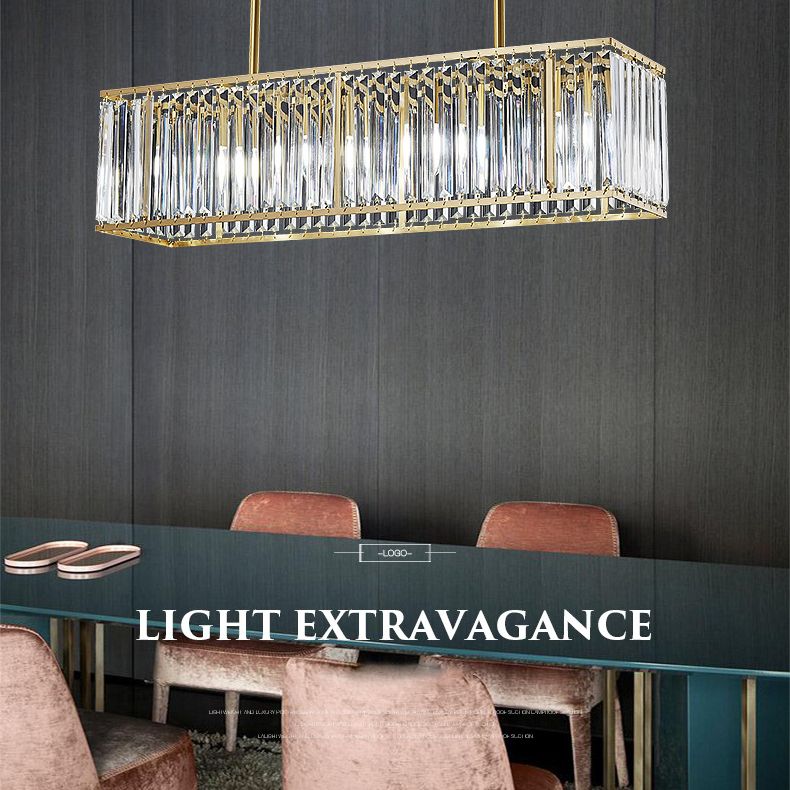 Luce a sospensione dell'isola a LED in oro in rame nella moderna lampada appesa al cristallo rettangolare per sala da pranzo