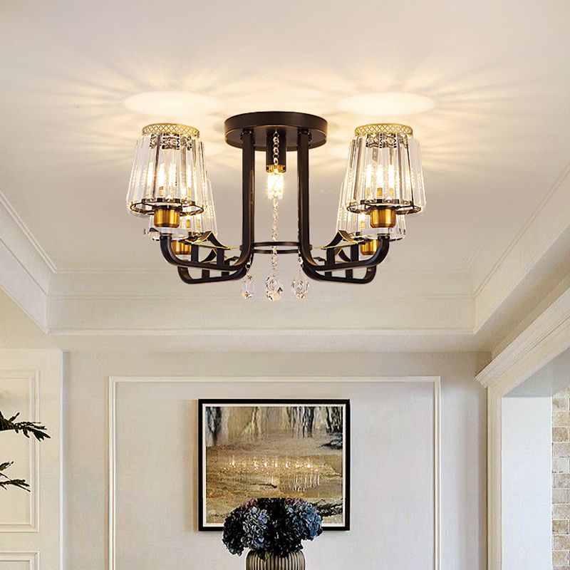 Crystal Black Semi-Flush Ceiling Fixture Tapered 5 Lights LED Traditional Flush Mount Chandelier Lighting