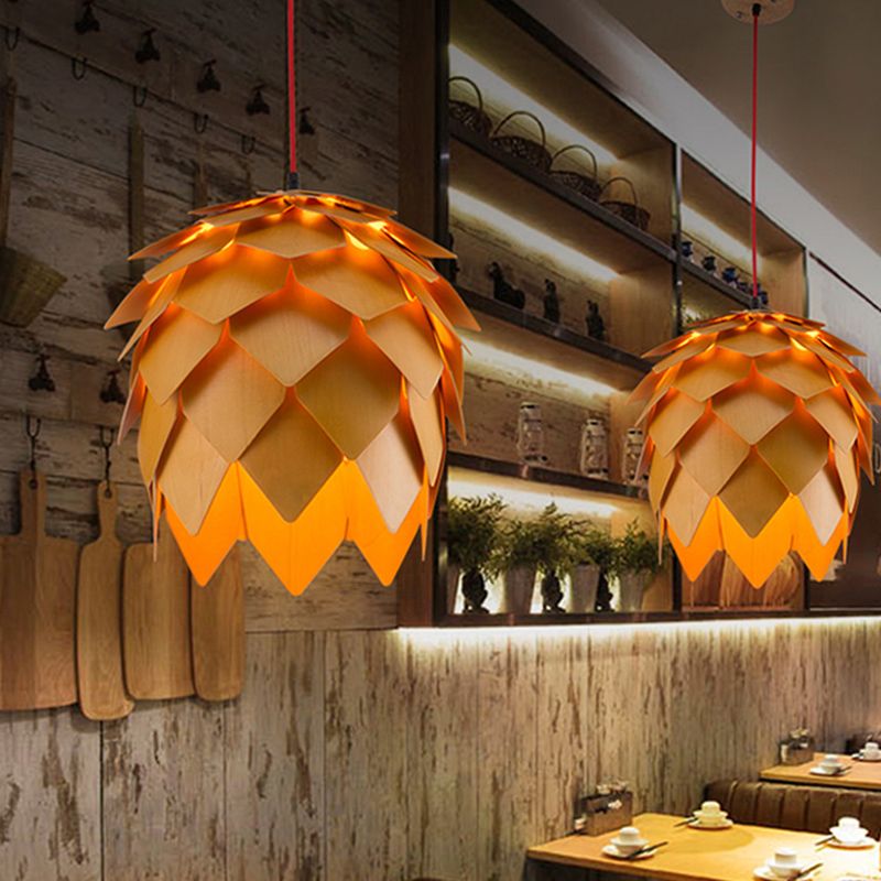 Modern Wood Ceiling Light Fixture 1-Light Pine Cones Pendant Light for Dining Room
