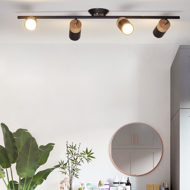 Nordic Cylindrical Metal and Wooden Cylindrical Track Spotlights Flush Mount Ceiling Light Fixtures for Foyer and Shop