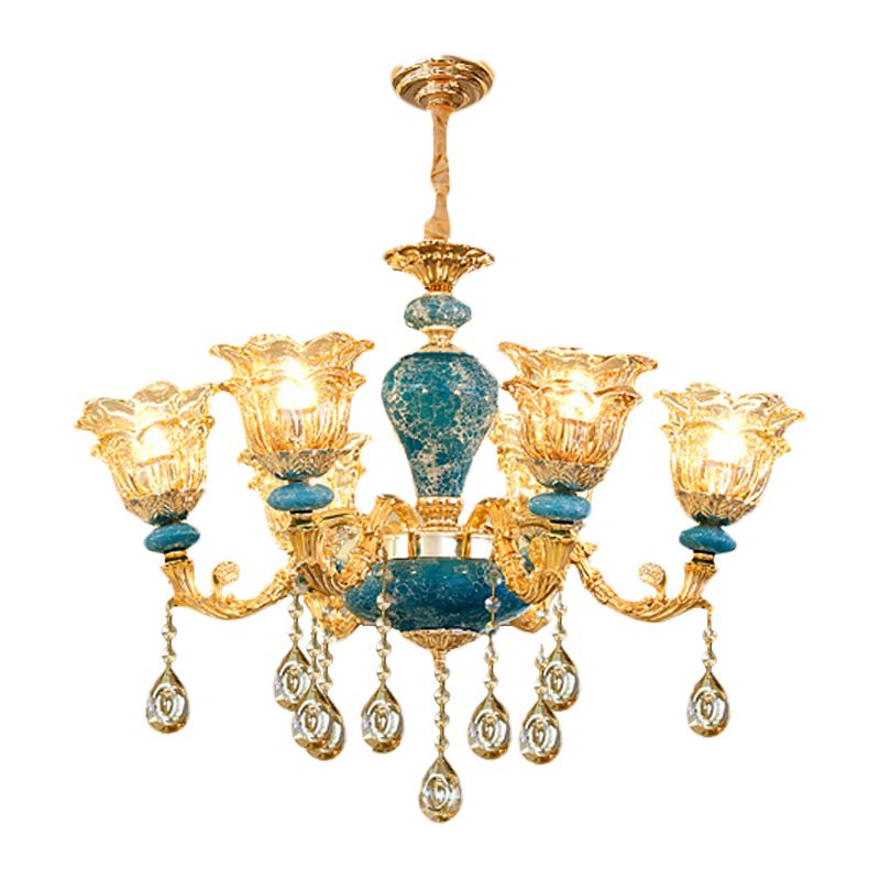 Layered Flower Amber Glass Chandelier Traditional 6 Lights Bedroom Ceiling Suspension Lamp in Blue