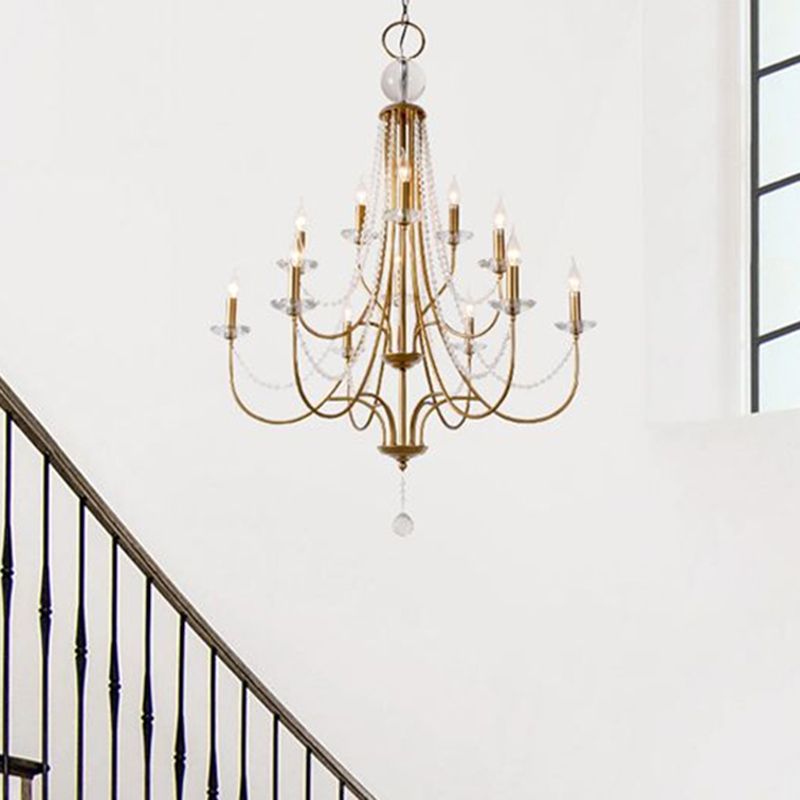Country Style Candlestick Chandelier Metallic Hanging Light Kit with Crystal Strand