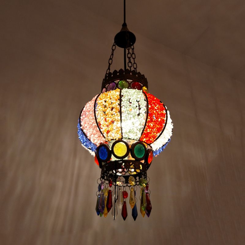 Black Spherical Ceiling Lamp Bohemian Metal Single Head Living Room Suspension Light with Crystal Draping