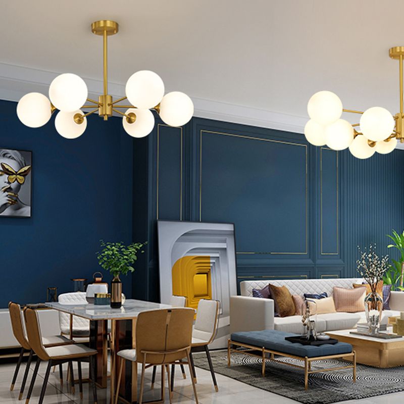 Lampadario globo nordico oro multi luce appesa alla luce con vetro bianco per camera da letto