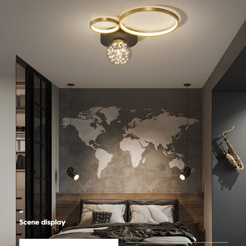 Círculos de estilo de simplicidad contemporánea Lámpara de techo LED Camas de luz LED creativa Bola de vidrio transparente Luz de montaje de montaje para sala de estar para sala de estar