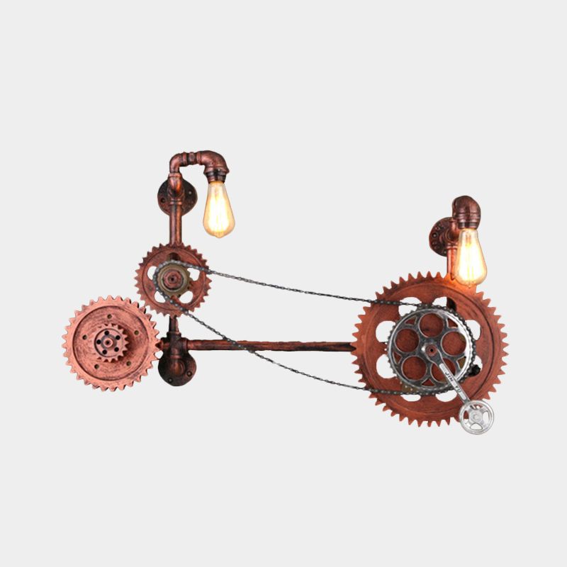 2-Light Wall Light Sconce Antiqued Bicycle Shape Iron Wall Lamp Fixture in Rust for Corridor