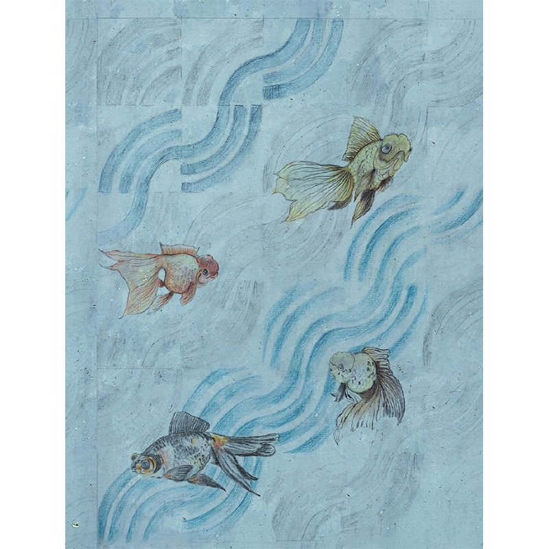 Goldfish in Flowing Steam Murals Grey-Blue Art Deco Wall Covering for Kids Bedroom