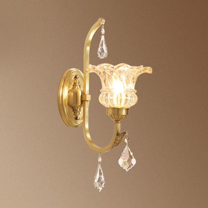 Ruffle Glass Gold Wall Light Floral Antique Wall Lighting Fixture with Crystal Draping