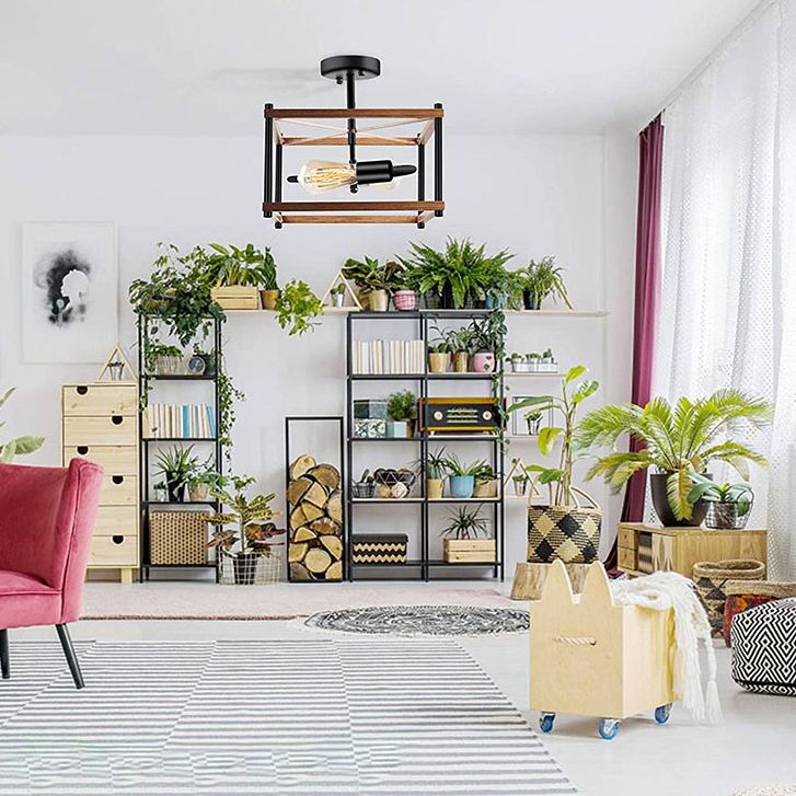 Luz de techo negro de madera en el estilo industrial de hierro forjado Geométrico Semi Flush Monte