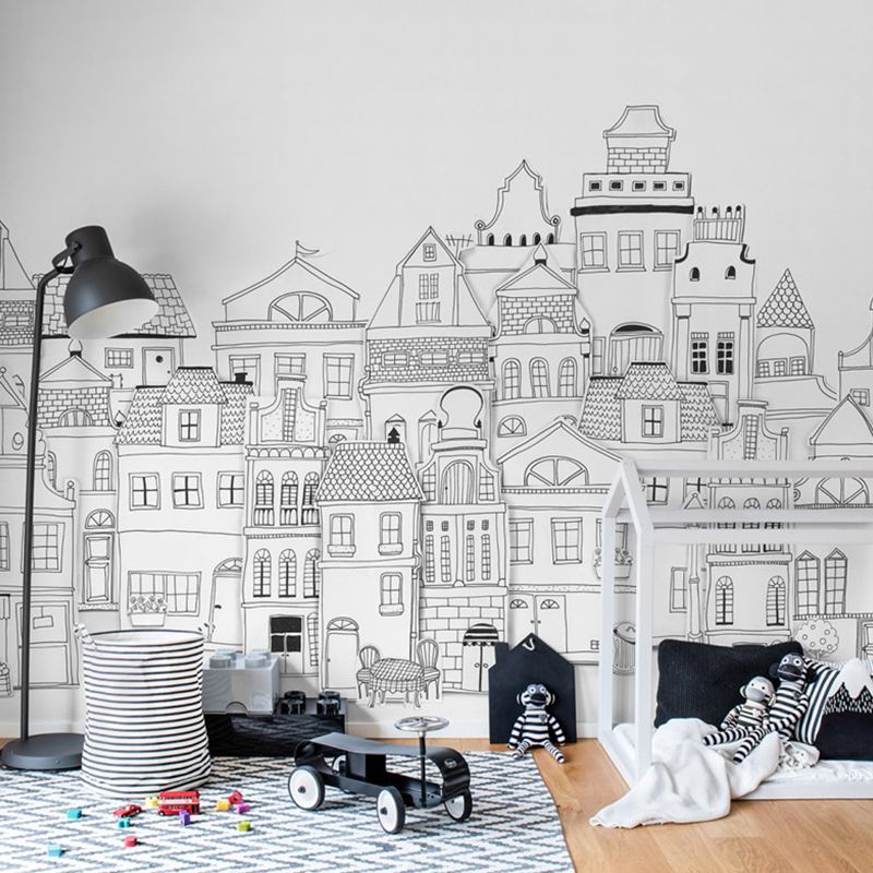 Whole City Scene Wall Mural for Meeting Room Decor Buildings Wall Art in Black and White, Water-Resistant