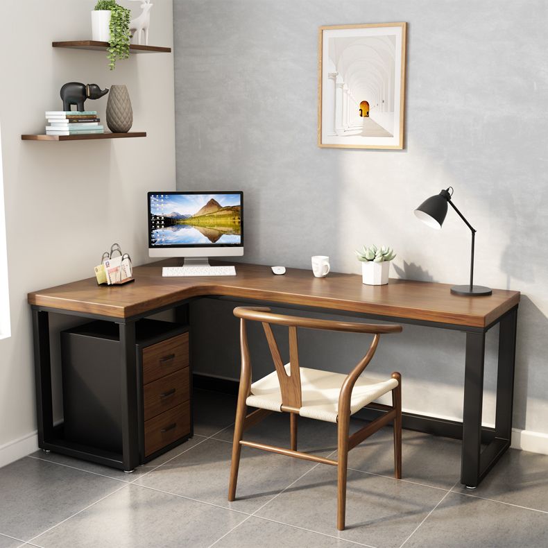 Solid Wood Writing Desk Brown L-Shape Desk with Black Steel Table Leg